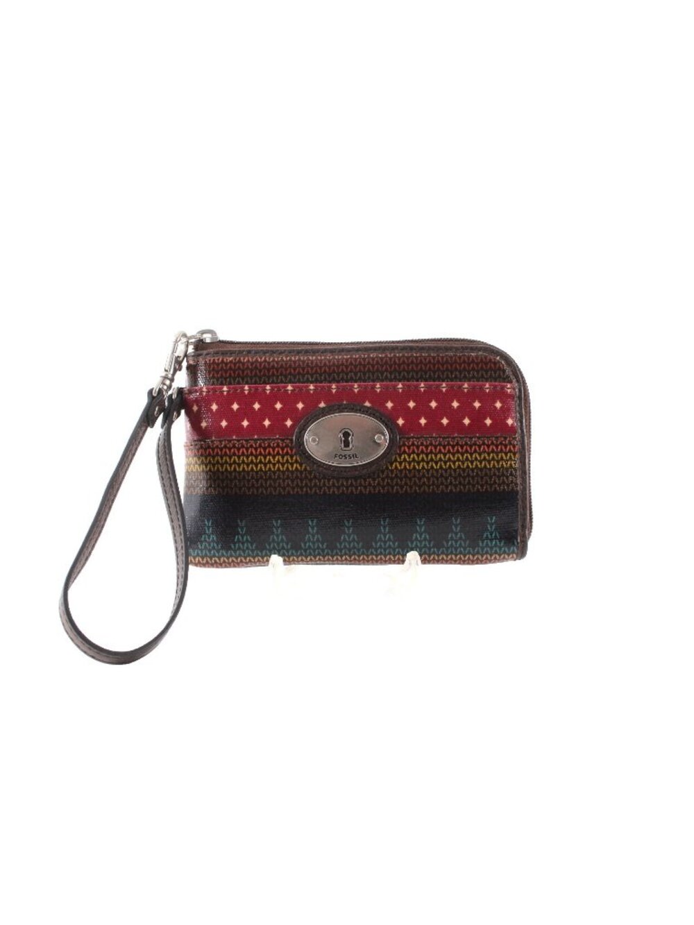 Fossil Wallet NEW $35 Keyper 6 x 4 x 1 Brown Pink Multi Colored Stripe Wristlet